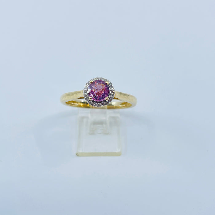 14kt Yellow Gold Pink Sapphire diamond halo Ring