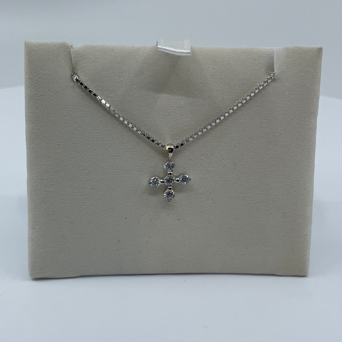 Rhodium Finish Cubic Zirconia Cross Pendant on 18" Box Link Chain