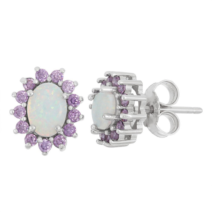 Sterling Silver White Inlay Opal with Surrounding Amethyst CZ Oval Stud Earrings