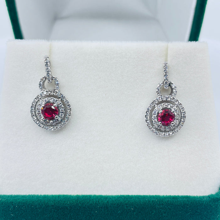 Sterling Silver simulated Ruby and CZ Earrings