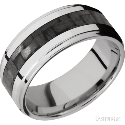 9 mm wide/Flat Grooved Edges/Cobalt Chrome band with one 4 mm Centered inlay of Carbon Fiber size 10.5