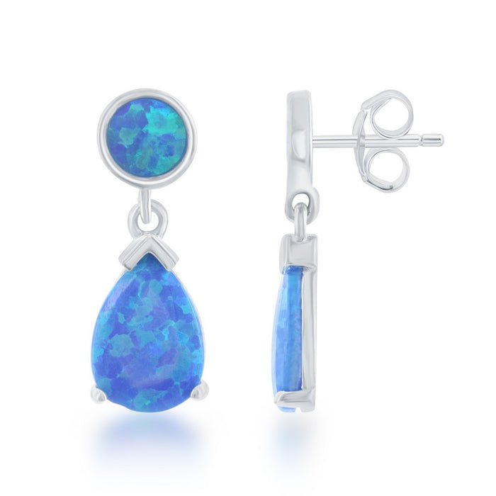 Sterling Silver Blue Inlay Opal Round and Teardrop Dangling Earrings