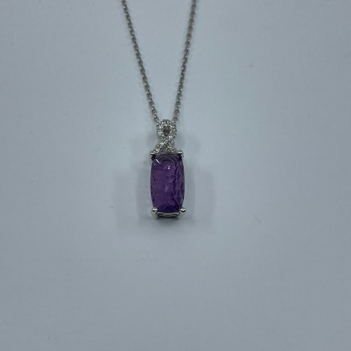 14KT White Gold Amethyst Rectangular Lens Cut Diamond Wishbone Weave Pendant