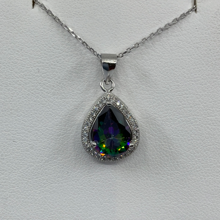 Sterling Silver Teardrop Simulated Rainbow with CZ Border Pendant