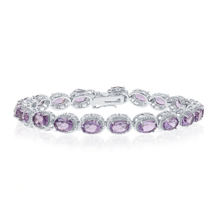 Sterling Silver Oval Amethyst with Rope Border 7.5” Bracelet