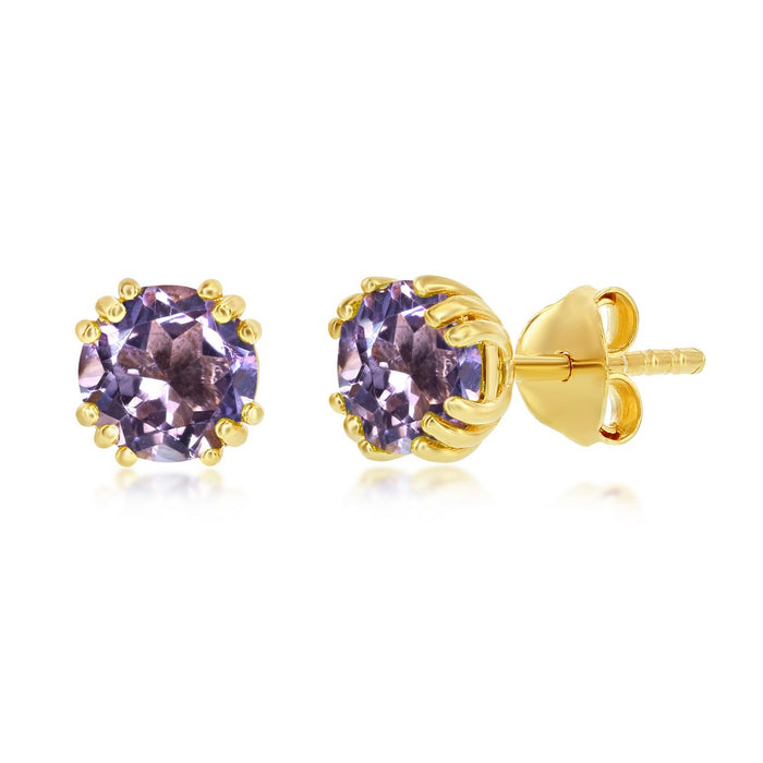 Sterling Silver 'February Birthstone' Round 6mm Gem, Gold Plated Stud Earrings - Amethyst (1.5cttw)