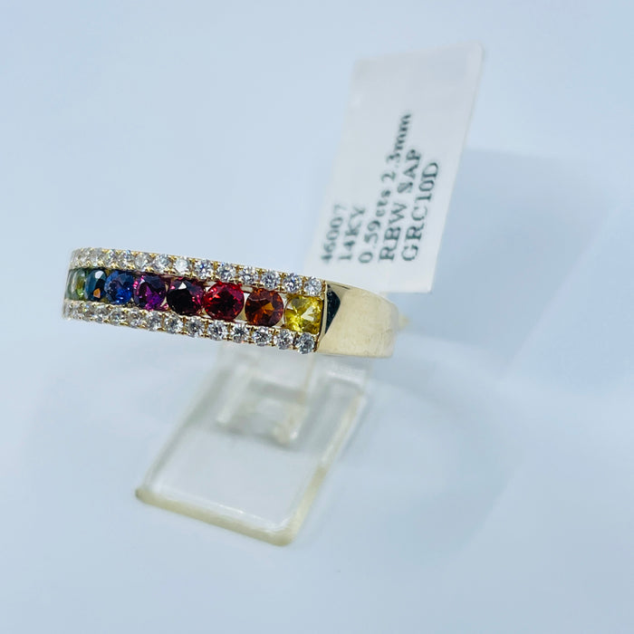 14kt Yellow Gold 2.3mm Rainbow Sapphire and Diamond Channel set Ring