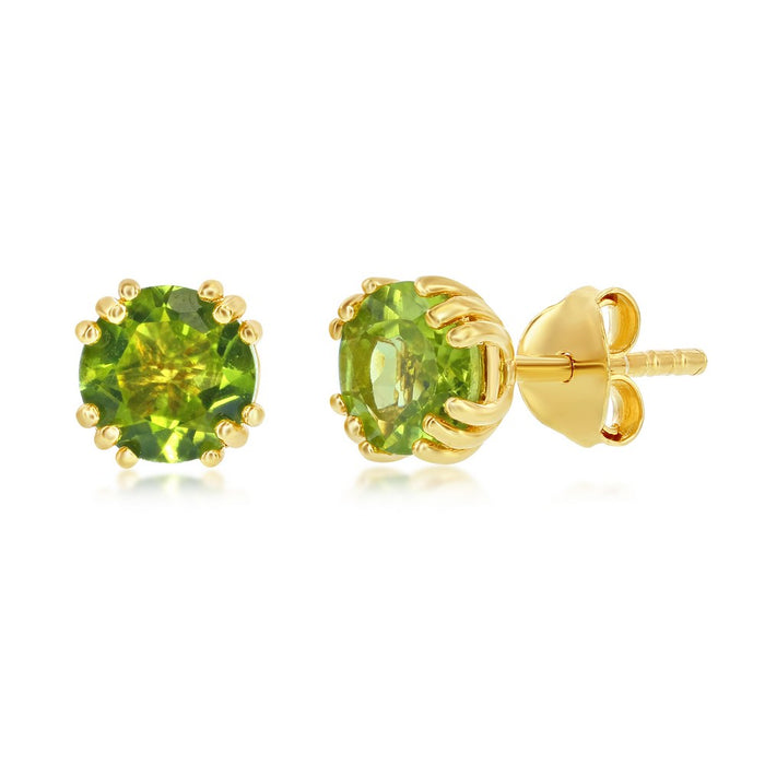 Sterling Silver 'August Birthstone' 6mm Round Gem, Gold Plated Stud Earrings - Peridot (1.7cttw)