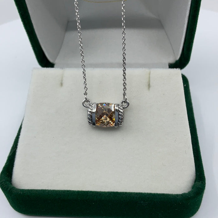 Rhodium Finish Princess Cut Peach CZ Solitaire Pendant on 18" Chain