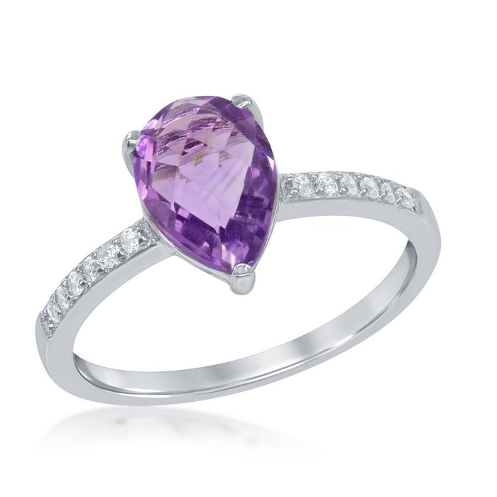 Sterling Silver White Topaz & Teardrop Gem Ring-Amethyst