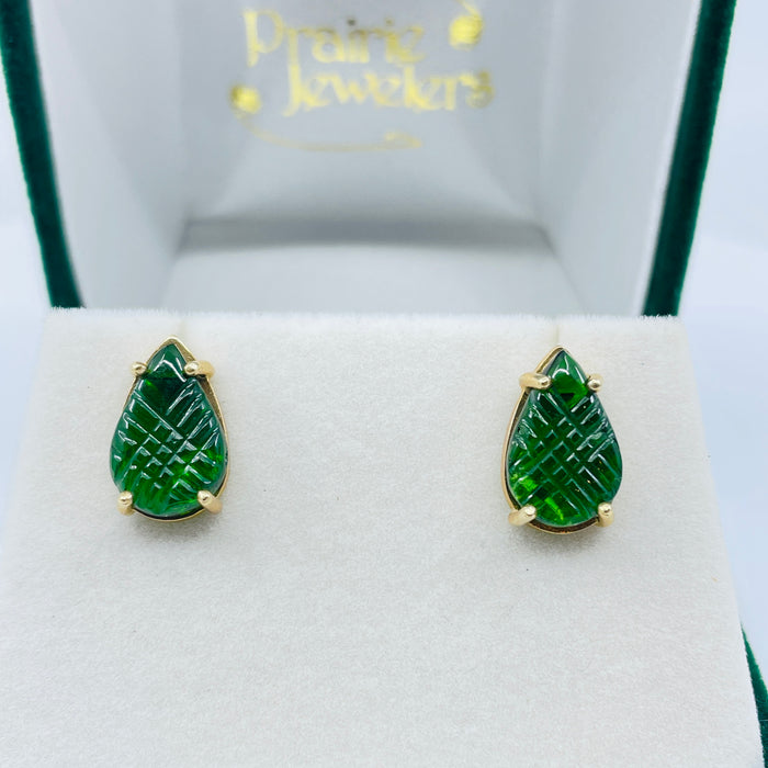 14kt Yellow Gold carved 6.70ctw Tourmaline earrings