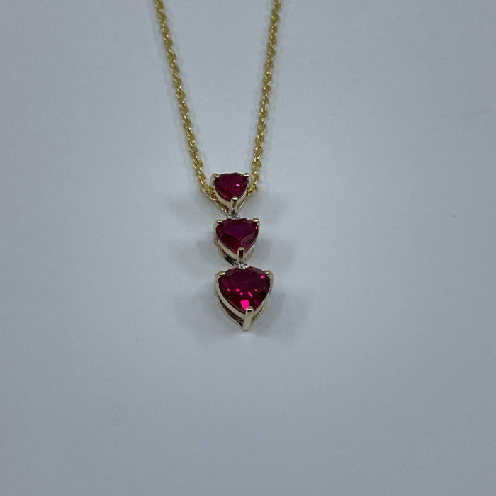 10KT Yellow Gold Synthetic 3 Heart Ruby Pendant