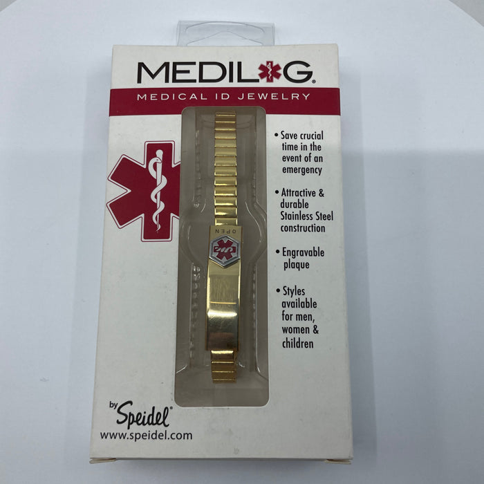 Ladies gold tone Medical ID Bracelet with “star of light” symbol and compartment
