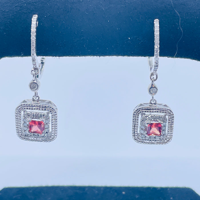 Sterling Silver Princess cut Red-Orange Sapphire earrings with diamonds