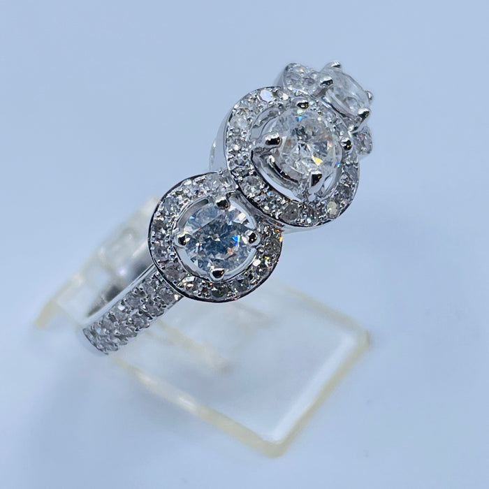14kt White Gold Three stone Halo ring