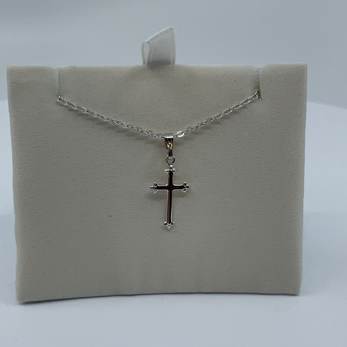 Rhodium Finish Small Plain Cross with Beaded Ends