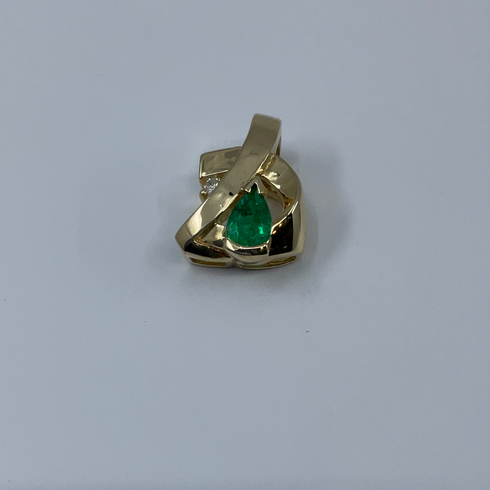 14kt Yellow Gold custom pear shaped Emerald and diamond pendant